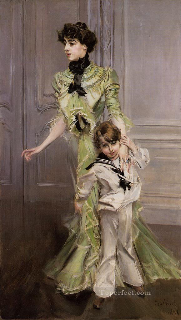 Portrait of Madame Georges Hugo nee Pauleen Menard Dozian and Her Son Jean genre Giovanni Boldini Oil Paintings